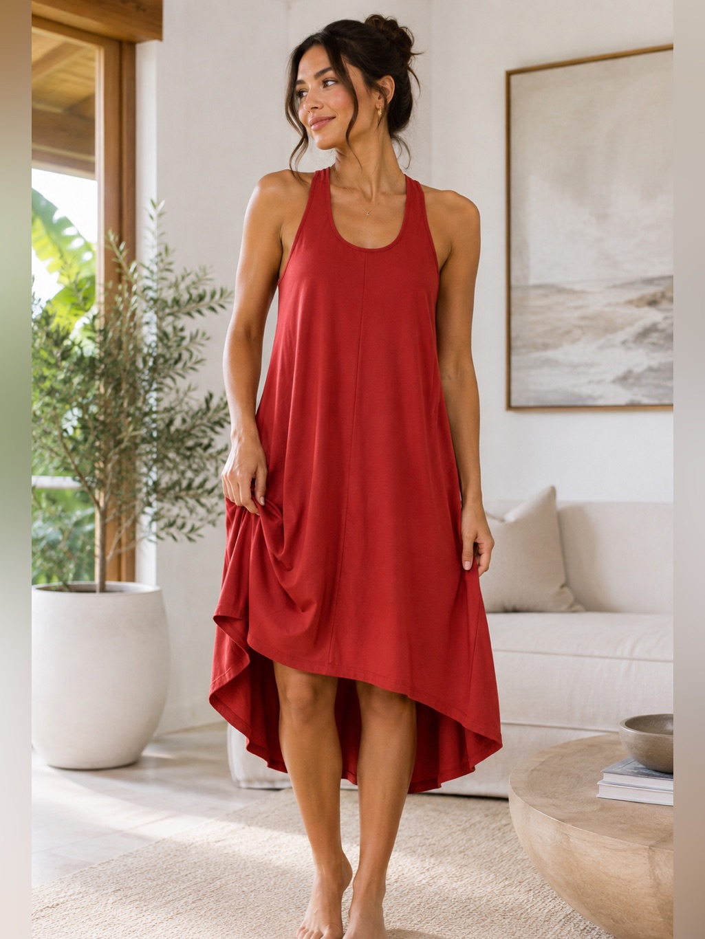 Halara Breezeful Kapok Red Racerback Sleeveless High Low Swing Dress Pockets M